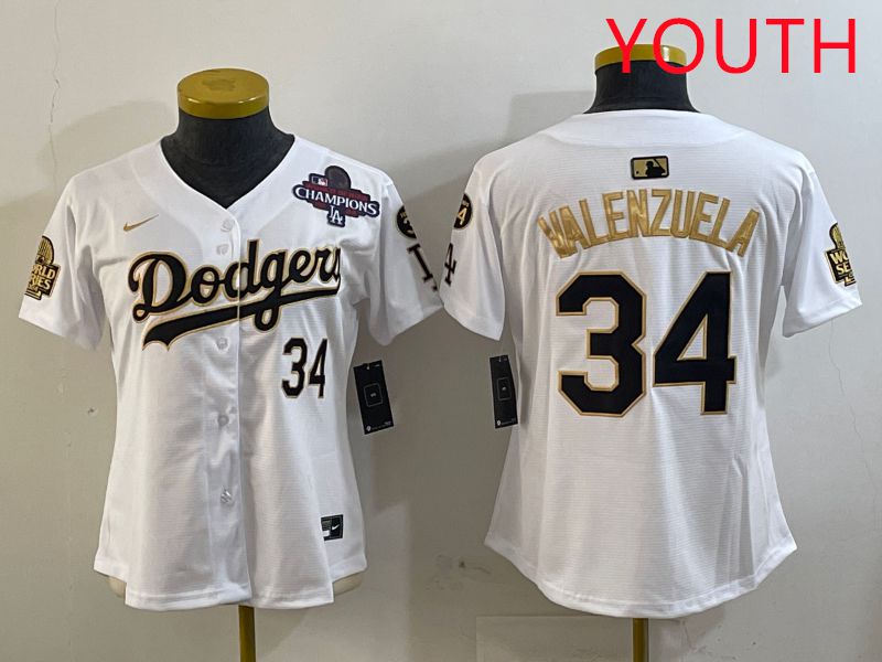 Youth Los Angeles Dodgers #34 Valenzuela White Gold Game 2025 Nike MLB Jersey style 3->youth mlb jersey->Youth Jersey